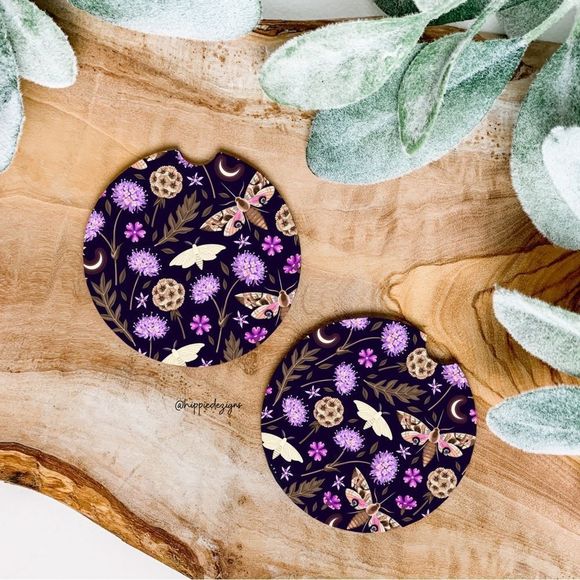 Purple Fall Moth Neoprene Car Coaster 2 Pack - Picture 1 of 8